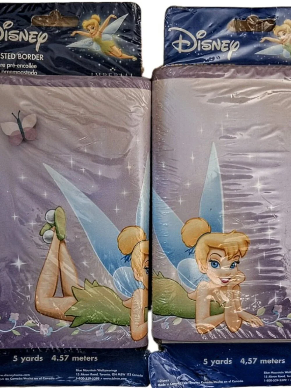 2 Vintage Disney Tinkerbell 7” Pre-pasted Wallpaper Border Rolls Lavendar 5Yrds